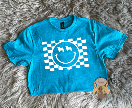 Checker Background Smiley Face Steer Tee - Heather Galapagos Blue