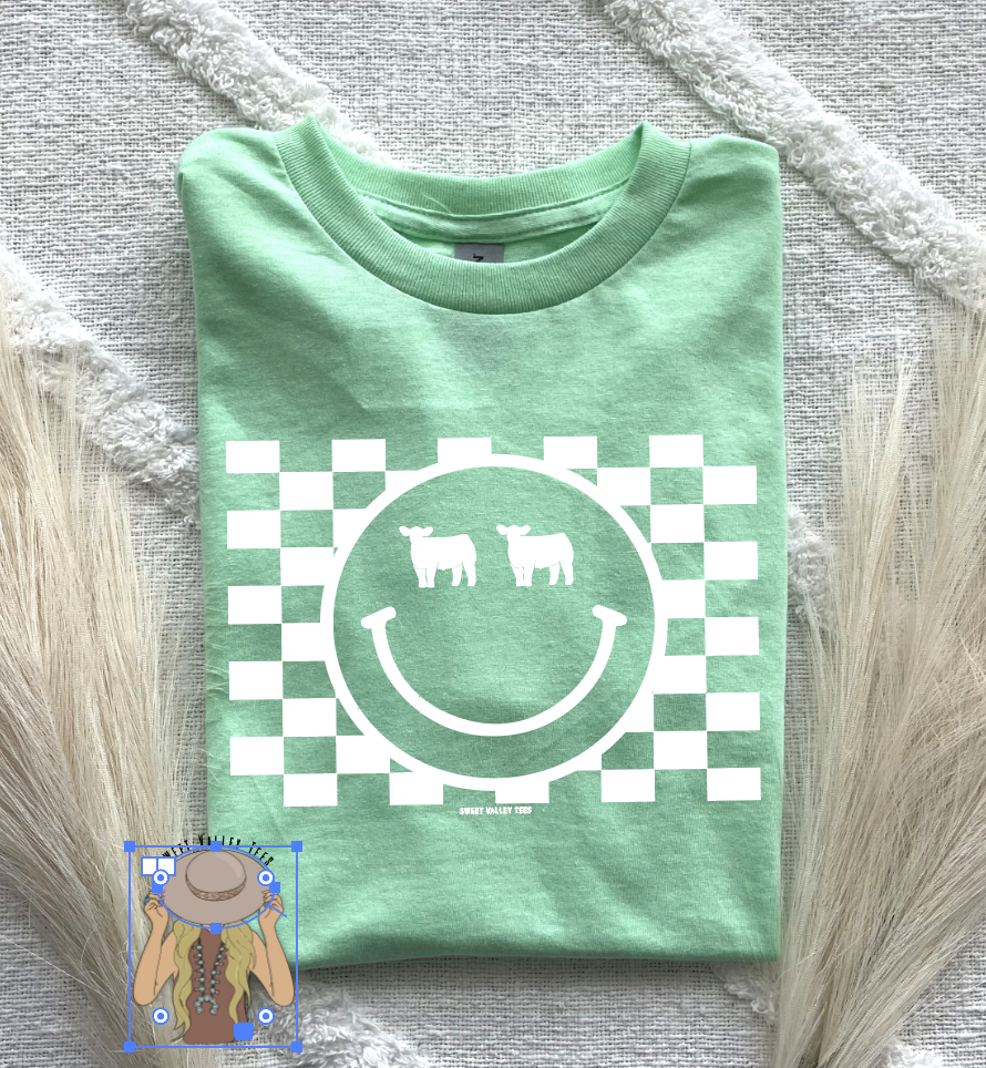 Checker Background Smiley Face Steer Tee - Cool Mint