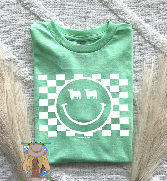 Checker Background Smiley Face Steer Tee - Cool Mint