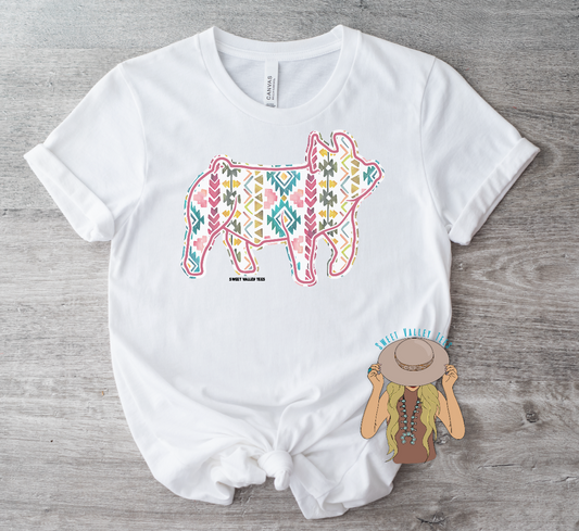 Watercolor Aztec Print Show Pig - White Tee