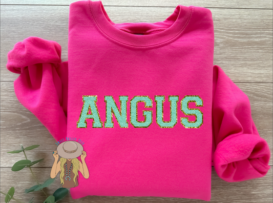 Mint Chenille Letter ANGUS Crewneck - Hot Pink