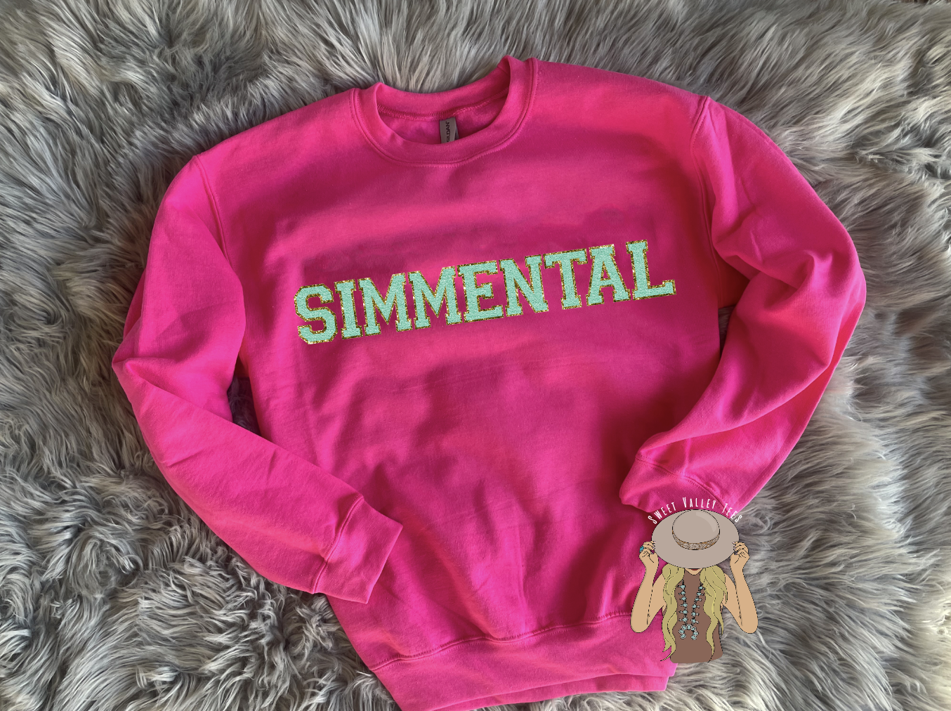 Mint Chenille Letter SIMMENTAL Crewneck - Hot Pink
