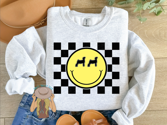 Show Goat Checker Print Yellow Smiley Face Crewneck - Ash Gray