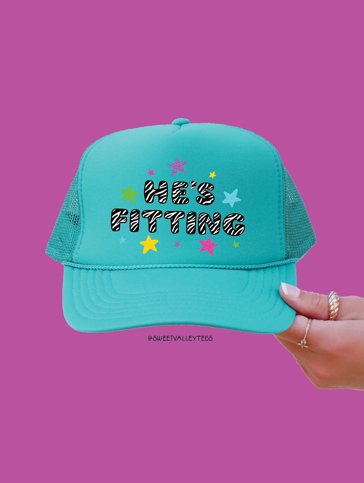 Zebra Print He's Fitting Trucker Hat - Turquoise