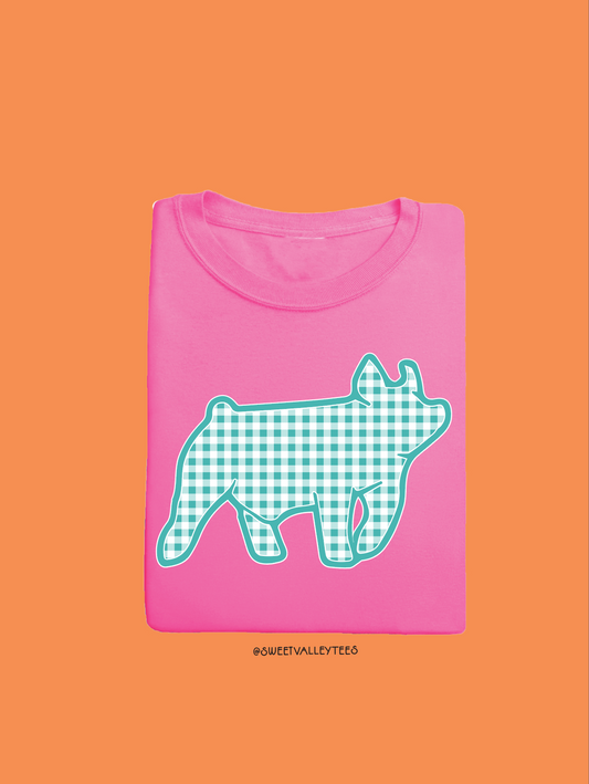 Gingham Prink Tee - Neon Pink