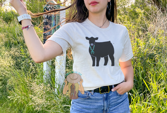 Black Steer with Squash Blossom Necklace - Heather Sand Tee