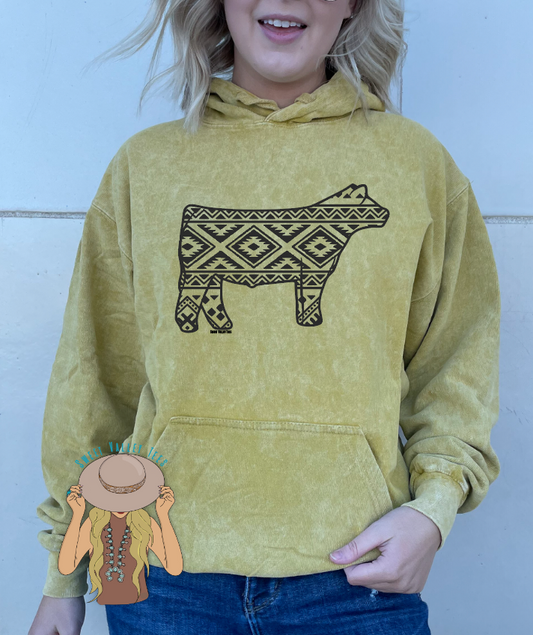 Aztec Steer Hoodie - Acid Wash Mustard