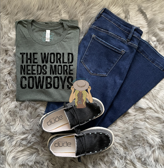 The World Needs More Cowboys Tee - Heather Olive