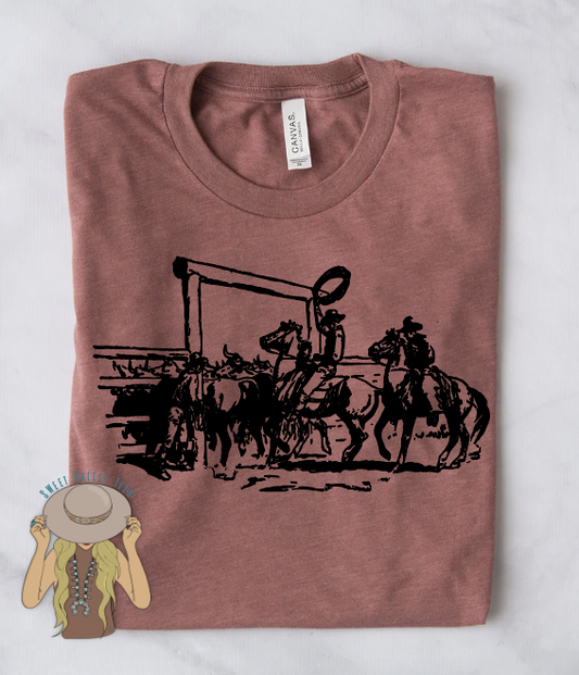 Western Cattle + Horse Sketch Tee - Mauve